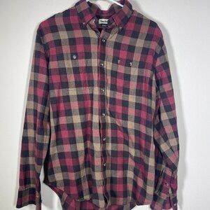 Tom Beckbe Red Tan Plaid Long Sleeve Embroidered Logo Button Shirt Men's Medium!